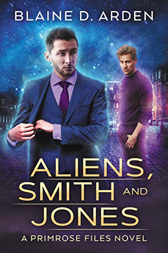 The cover of Aliens, Smith, and Jones by Blaine D. Arden has a background image of a city and a cobblestone street with a starry sky in the background. The whole image has a hazy purple and blue filter across it around the edges. One white MC front and centre in a blue suit, purple tie and lavender button-down. Short brown hair and facial hair. He's holding open his suit and reaching in with the other hand. The other white MC is standing sideways and to the side, thumb in his pocket. Light brown / dark blond hair and facial hair. Purple jumper and trousers.